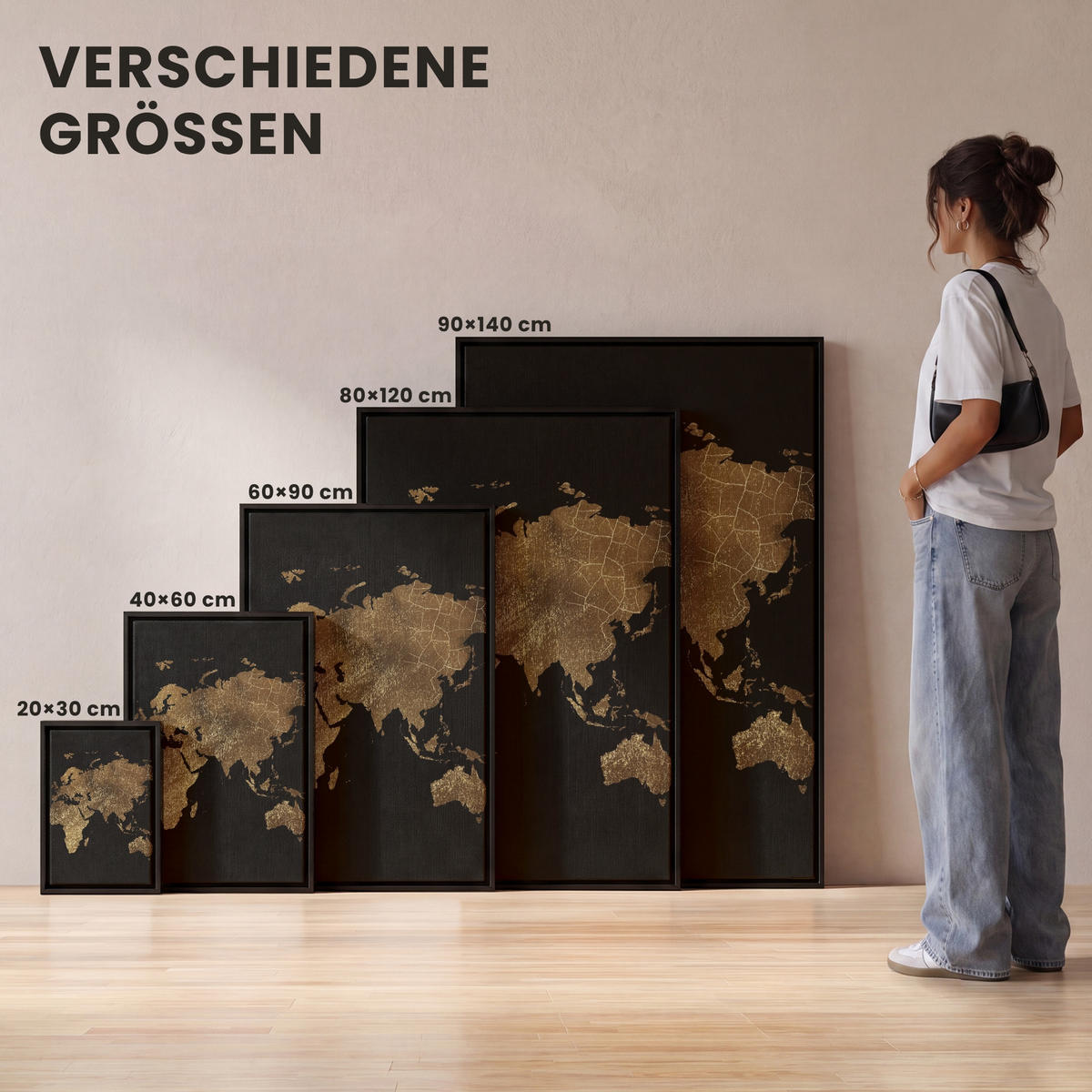 LEINWAND Bilder mit Rahmen - Weltkarte - Gold - Luxus - Erde - Schwarz - 100x150 - Goldfarben, Textil (100/150cm) - MuchoWow