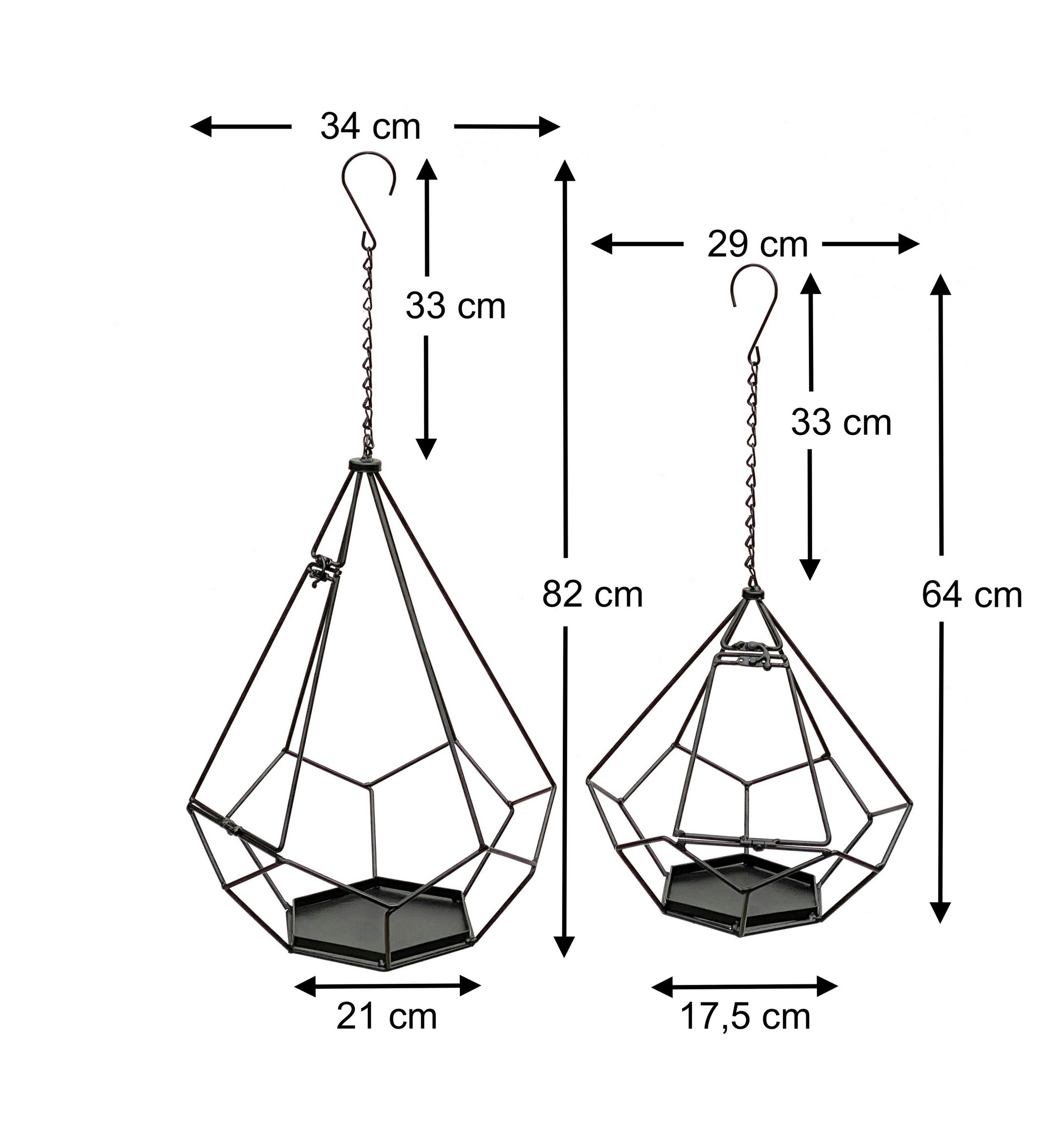 BLUMENAMPEL Innen Metall Wand 64 cm & 82 cm 2er Set mit Tür 6 Ecken - Schwarz, Metall (34/82/34cm) - DanDiBo
