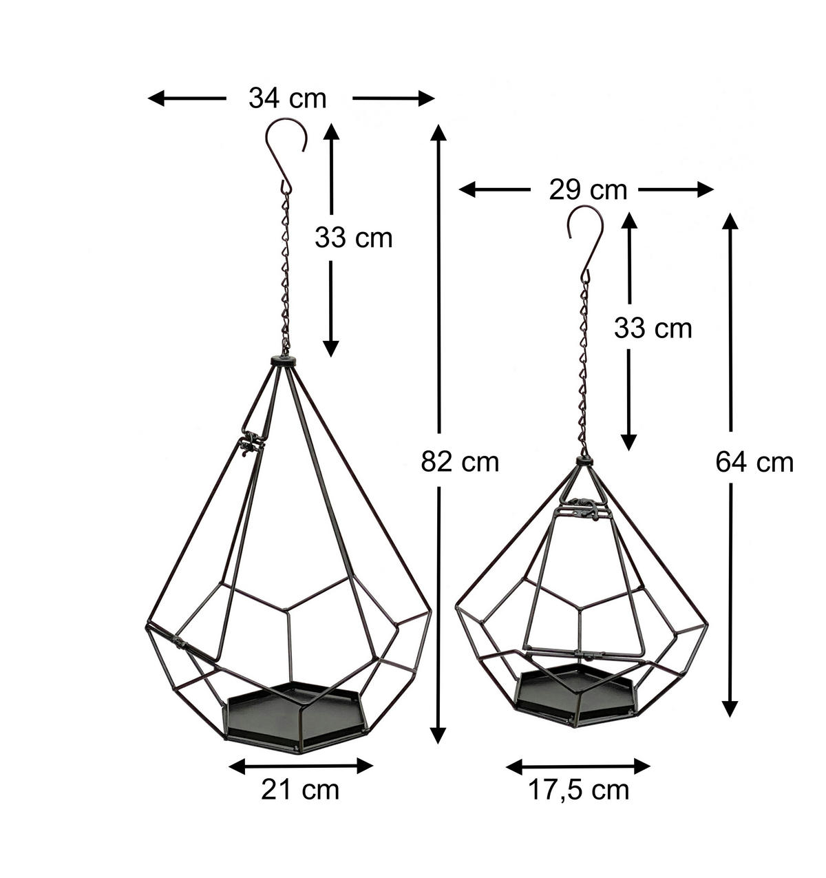 BLUMENAMPEL Innen Metall Wand 64 cm & 82 cm 2er Set mit Tür 6 Ecken - Schwarz, Metall (34/82/34cm) - DanDiBo