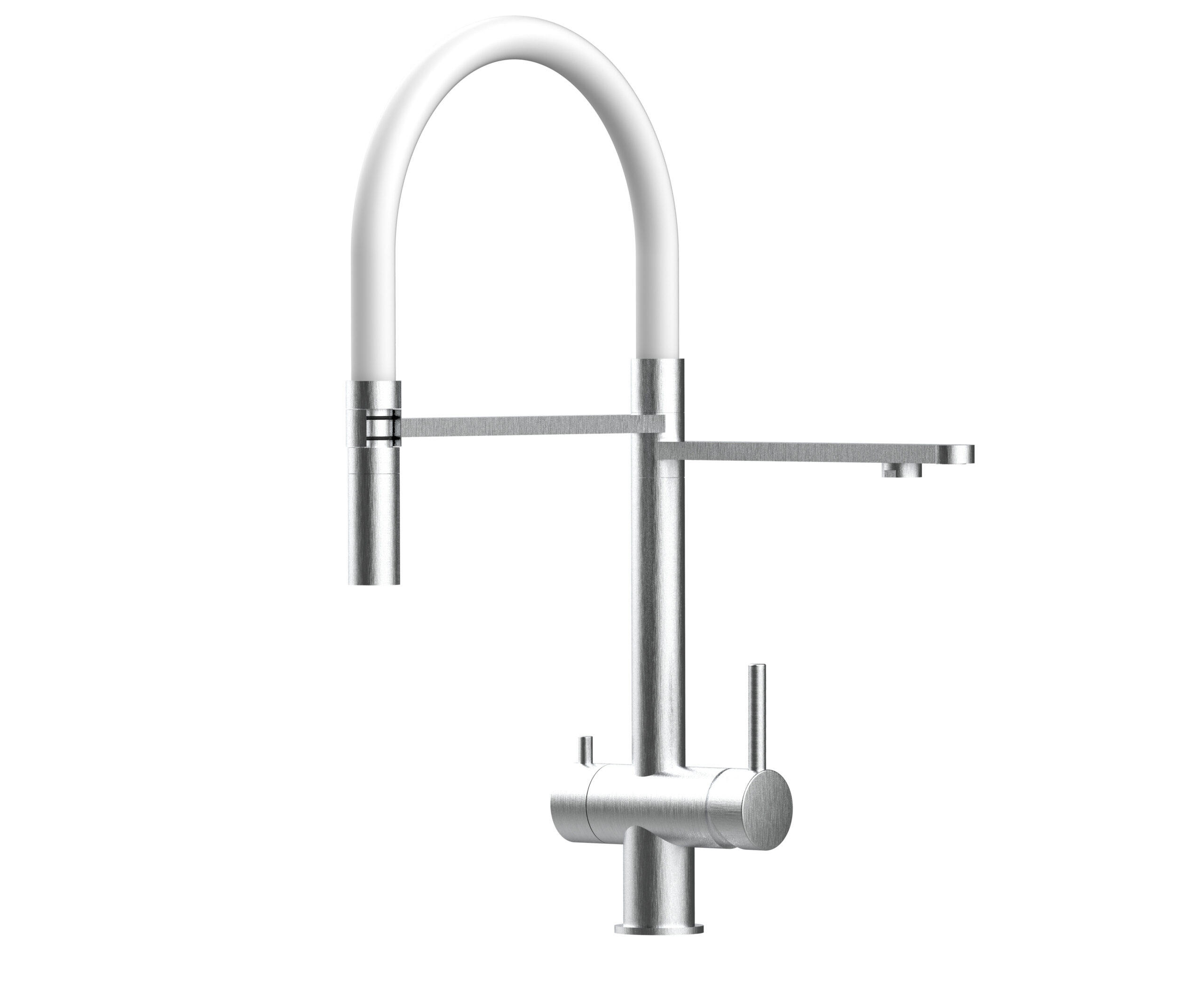 NIEDERDRUCK-3-WEGE-KÜCHENARMATUR, Edelstahl Massiv aus Chirurgenstahl, Gebürstet und Weiß, 2-Strahl-Brause - Weiß, Metall (24/49/24cm) - VIZIO