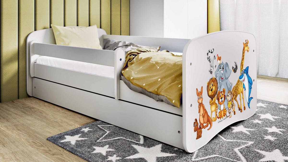 KINDERBETT Tiere mit Schublade 140/70 80/61/144 - Weiß, Holzwerkstoff (70/140cm) - RAUMHIRSCH FURNITURE