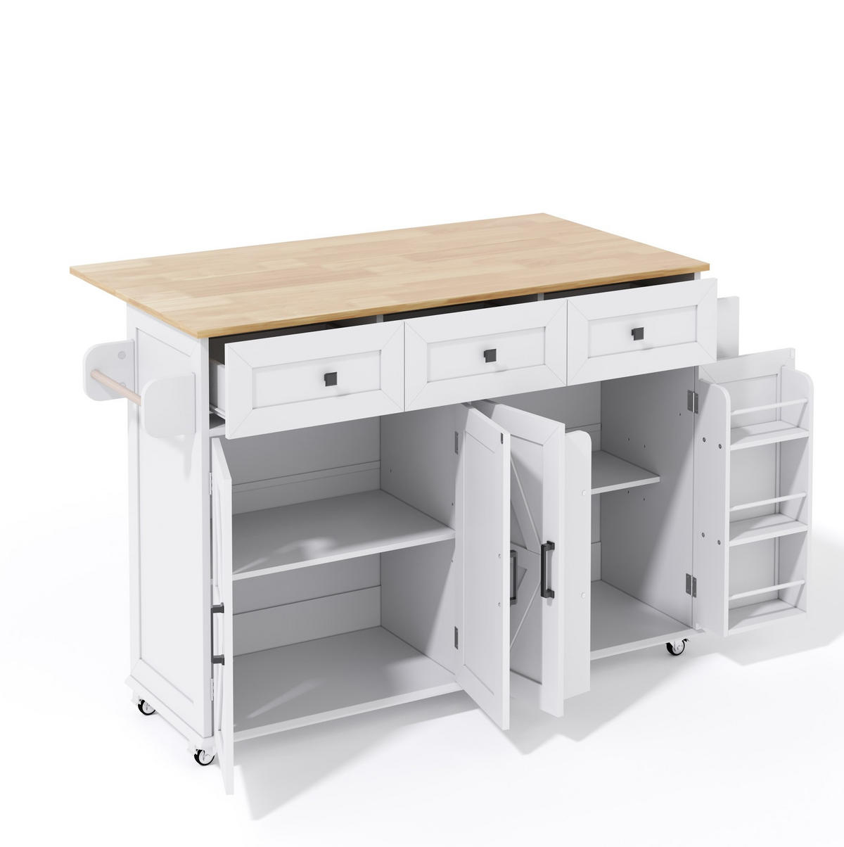KÜCHENINSEL 140/43(70)/90,5 cm aus MDF mit klappbarer Arbeitsplatte und Rollen Weiß/Natur - Weiß, Holzwerkstoff (140/93/70cm) - Modenvie