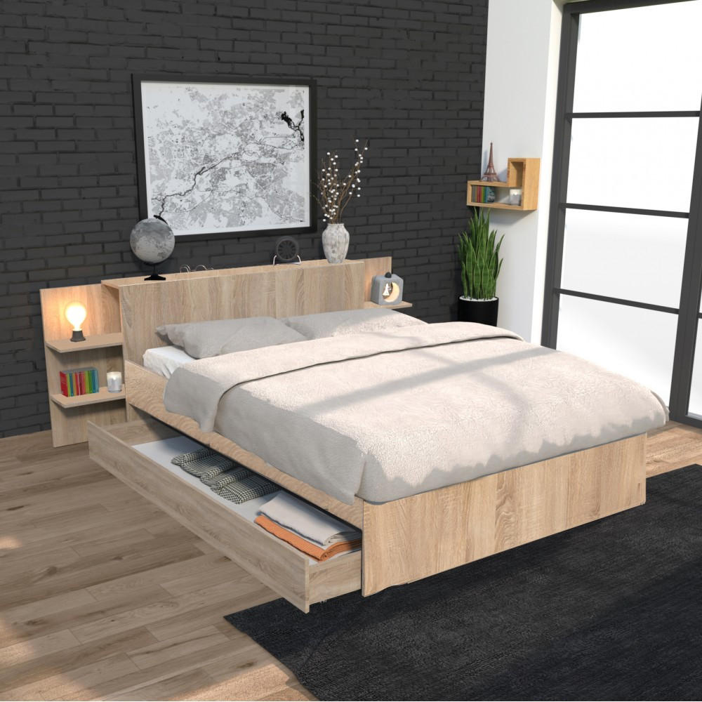BETT CITY mit Kopfteil und Schublade/ Bett 140x190 - Eiche gebleicht Dekor - Sonoma Eiche, Holzwerkstoff (140/190cm) - Weber Industries