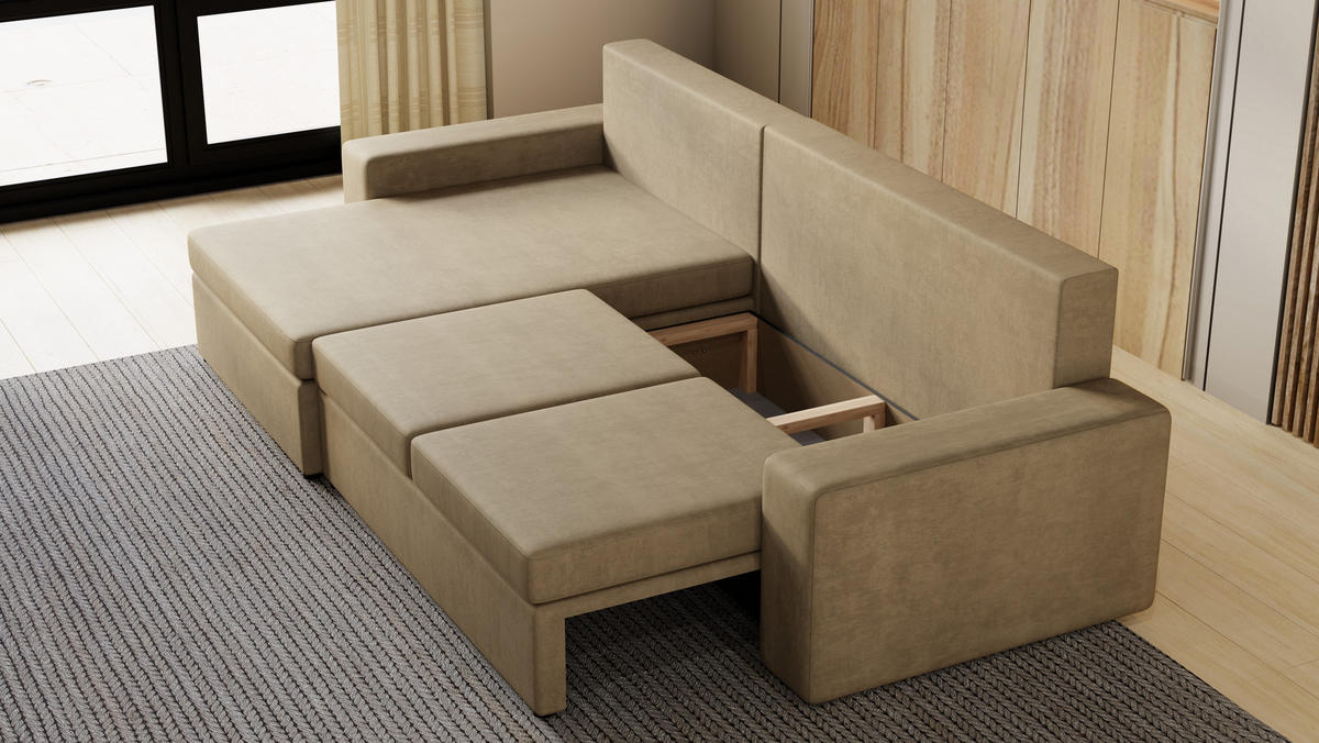 ECKSOFA Paco mit Bettkasten und Schlaffunktion, L-Form/XL-Form, Velourstoff, Universal - Cappuccino, Holzwerkstoff (276/145cm) - 4ALL HOME