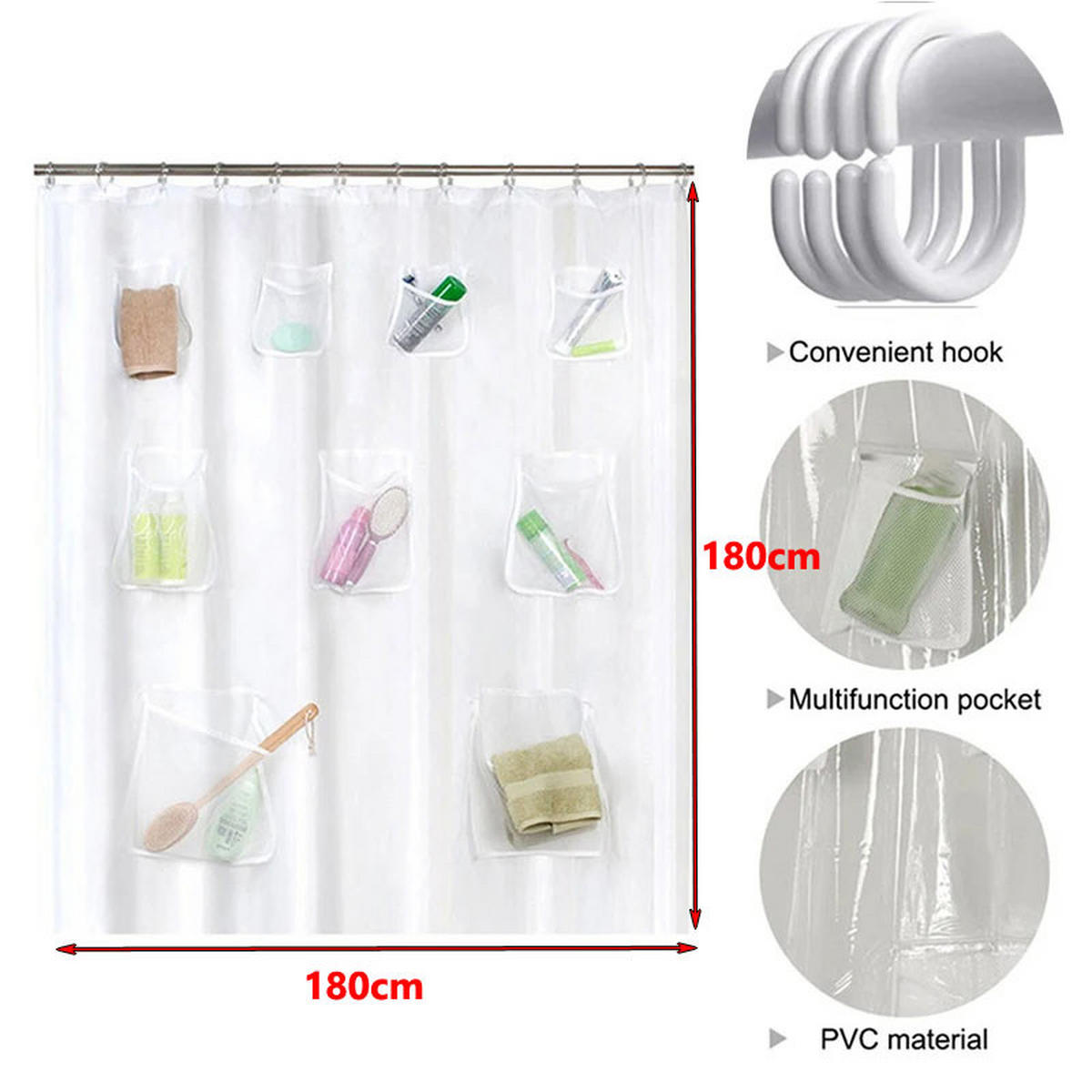 DUSCHVORHANG Badezimmer transparent Weiß wasserdicht Kunststoff EVA 180 x 180 cm - Transparent, Kunststoff (180/180cm) - MCBOSON