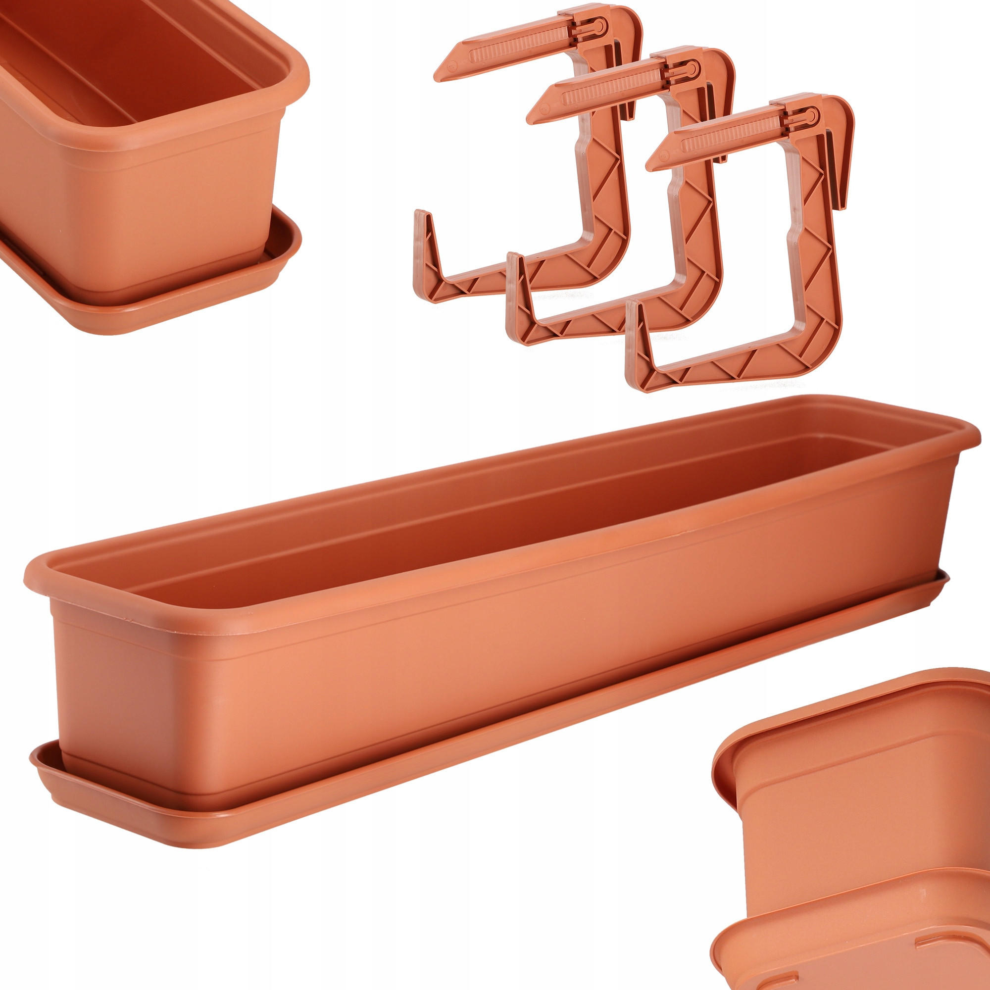 BALKONKASTEN mit Untersetzer und Griffen 80 cm, Terrakotta - Terracotta, Kunststoff (18/83cm) - KADAX