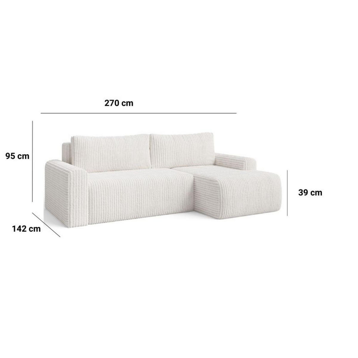 ECKSOFA MILO LARGE mit Schlaffunktion, Bettkasten und Cordbezug, Rechts -TILIA 01 (cremeweiß) - Creme, Holz (270/142cm) - Dekori_Interiors