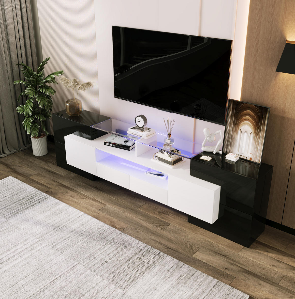 TV-LOWBOARD 200/35/60 cm mit 4 Türen, 2 Schubladen und LED-Beleuchtung - Schwarz, Holzwerkstoff (200/60/35cm) - BEAOK
