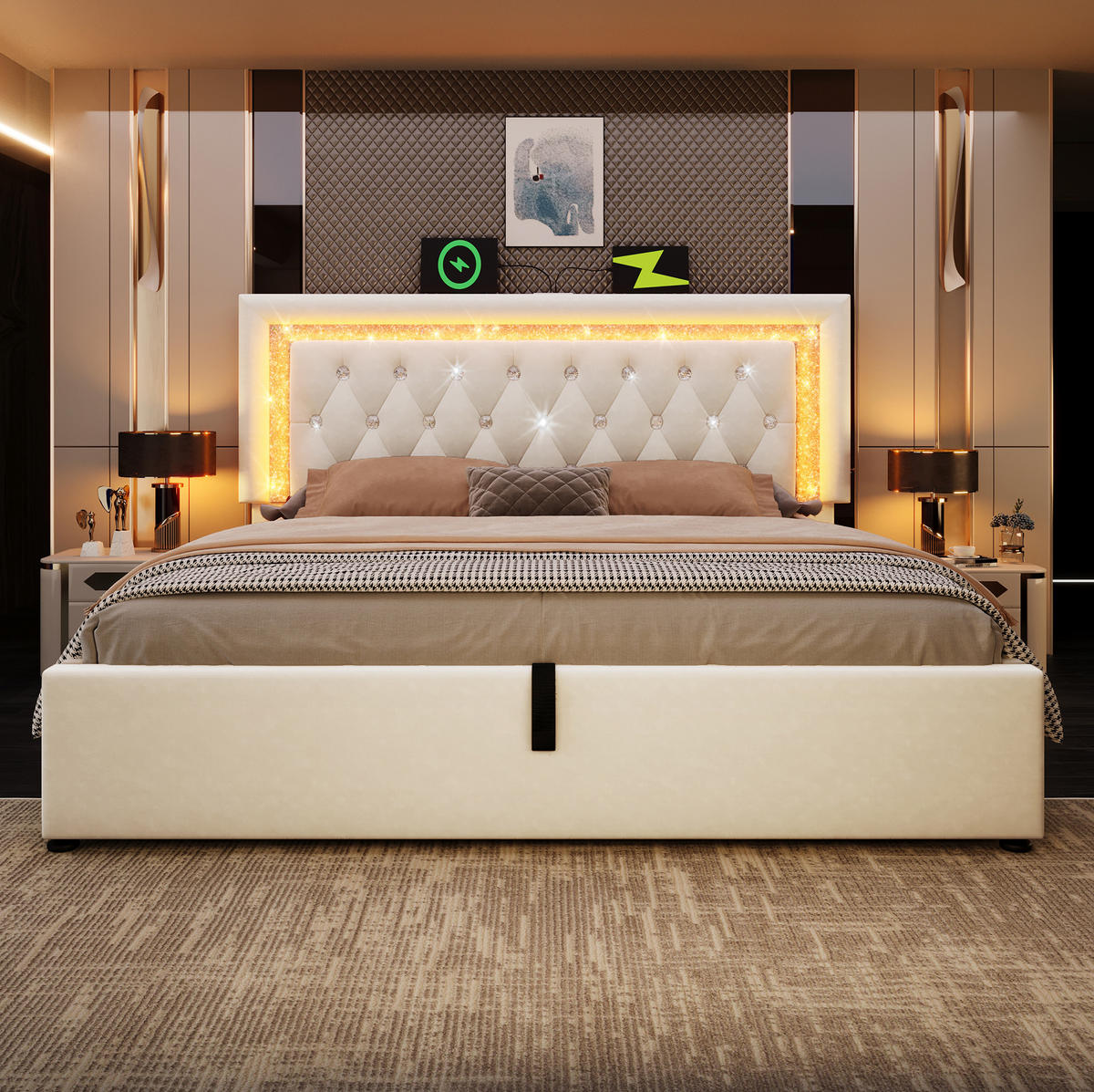POLSTERBETT mit Stauraum 180x200 cm Samt Beige mit LED - Beige, Metall (180/200cm) - Meubliv