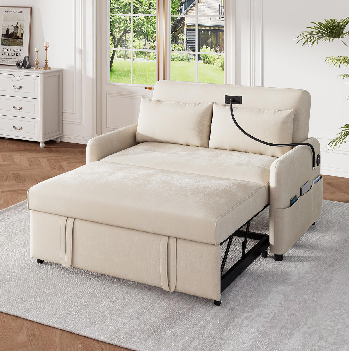 SCHLAFSOFA Doppel Klappbares mit verstellbarer Rückenlehne und USB-Anschluss Chenille Beige 129/163/81 cm - Beige, Textil (129/81/76cm) - OKWISH