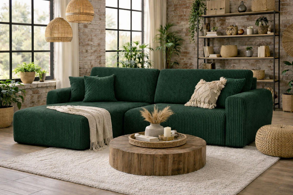 ECKSOFA Mit Schlaffunktion Ariel L, Cordstoff, Stoff Poso, Grün, Links - Grün, Holz (250/142cm) - Kaiser Möbel