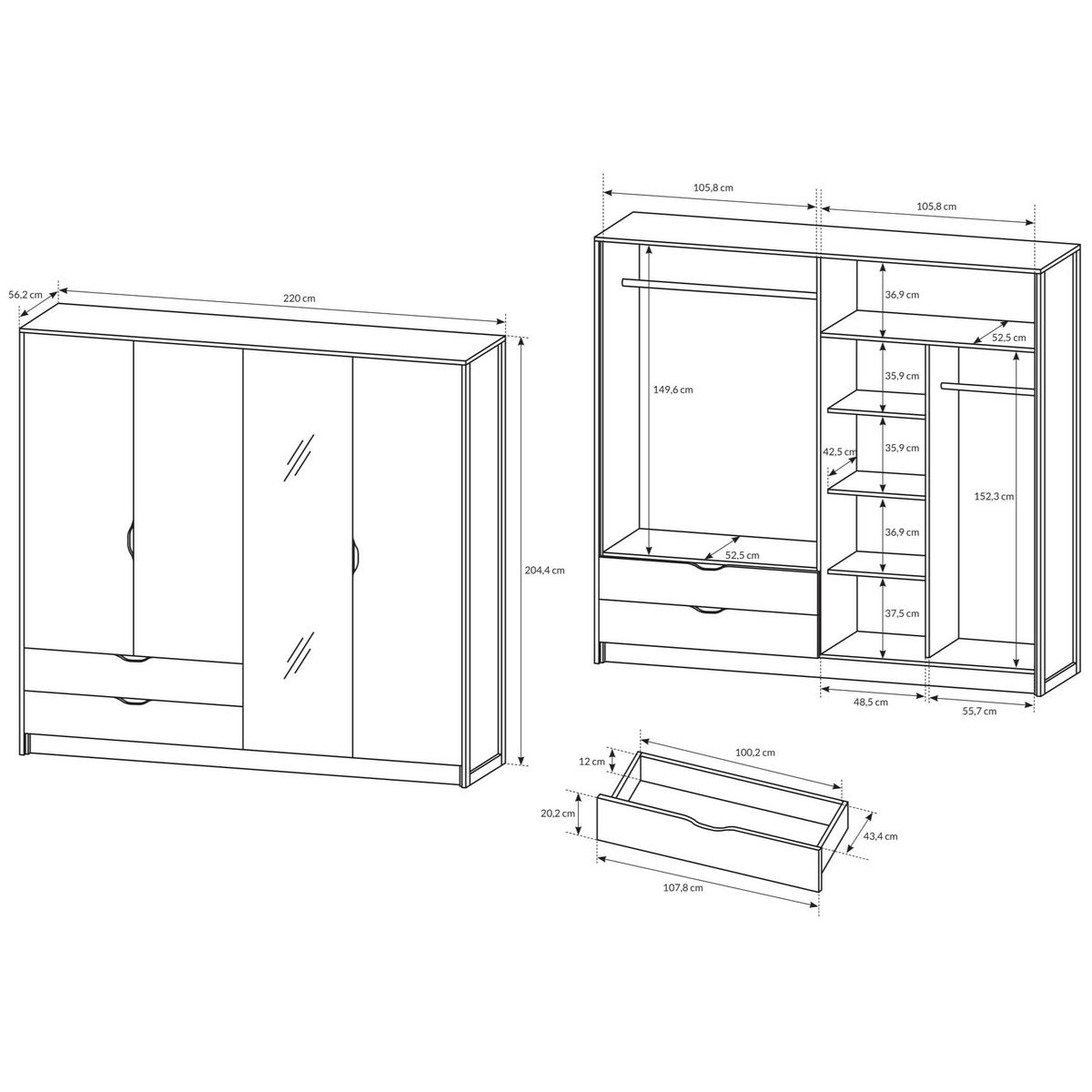 DREHTÜRENSCHRANK ARDENTE 220/204,4/56,2 cm 4-türig mit Spiegel Braun - Hellgrau/Braun, Holzwerkstoff (220/204.4/56.2cm) - MASSENO
