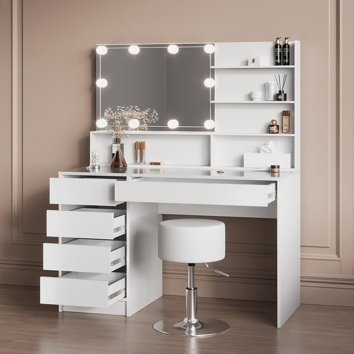 SCHMINKTISCH Imola Weiß mit LED Beleuchtung, Hocker und Spiegelregal - Weiß, Holzwerkstoff (145/75/55cm) - Livinity®