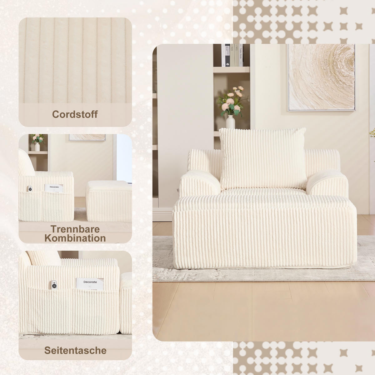 RELAXSESSELSET Übergroßer Loungesesselmit Fußhocker,Cord,Beige - Beige, Textil (110/87/147cm) - LVHOM