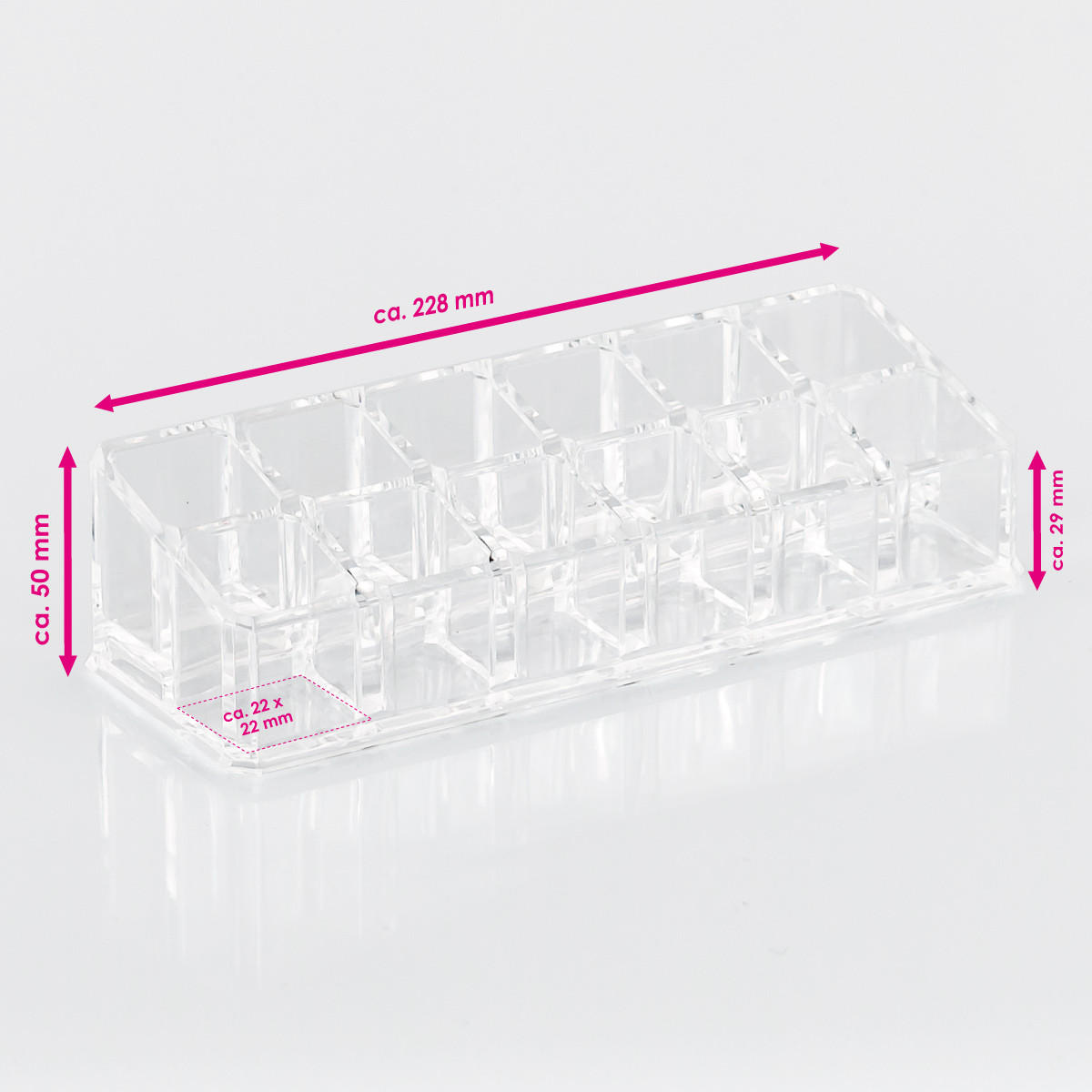 KOMSETIKORGANIZER, mit 12 Fächern, rechteckig - Transparent, Kunststoff (22.8/6.5/4.5cm) - bremermann