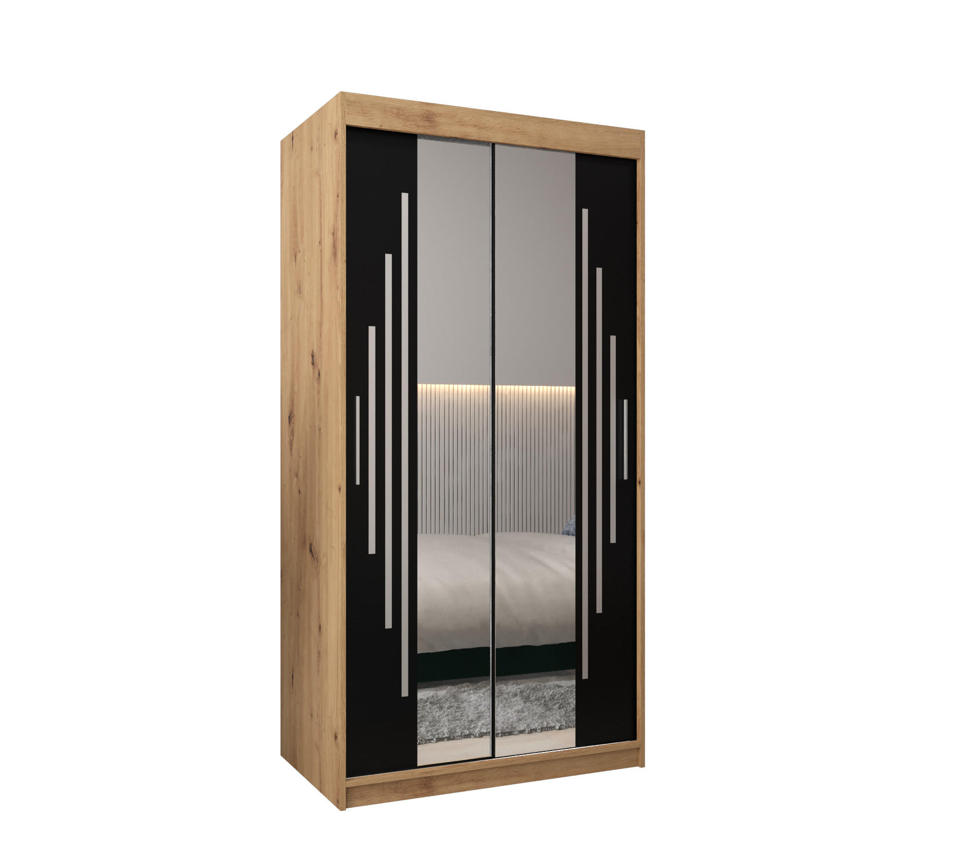 Abiks Möbel Schwebetürenschrank Eiche Artisan, Schwarz 100x200x62 cm