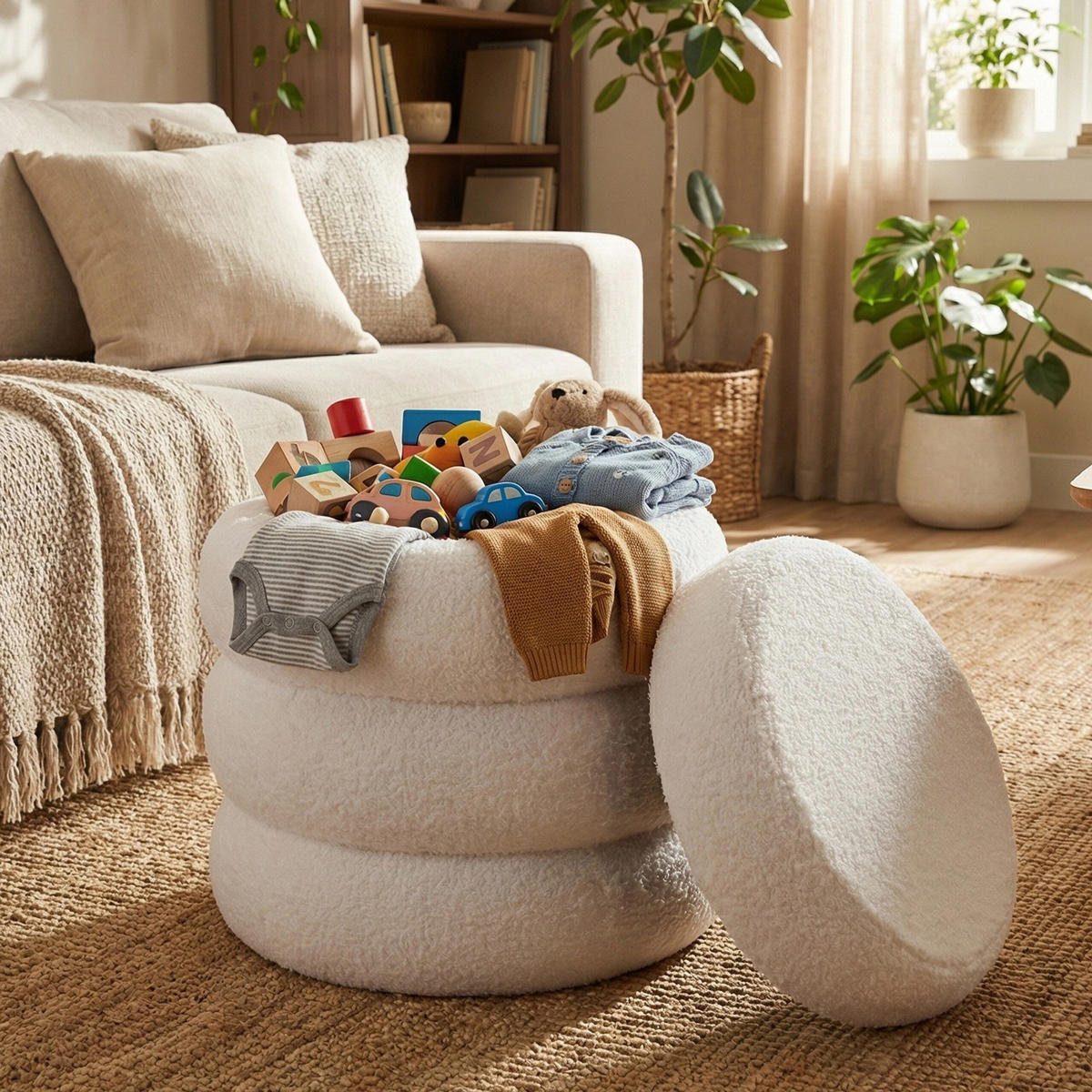 SEDACÍ taburet Bubble - krémová, kompozitní dřevo/textil (42/47/42cm) - Relaxdays
