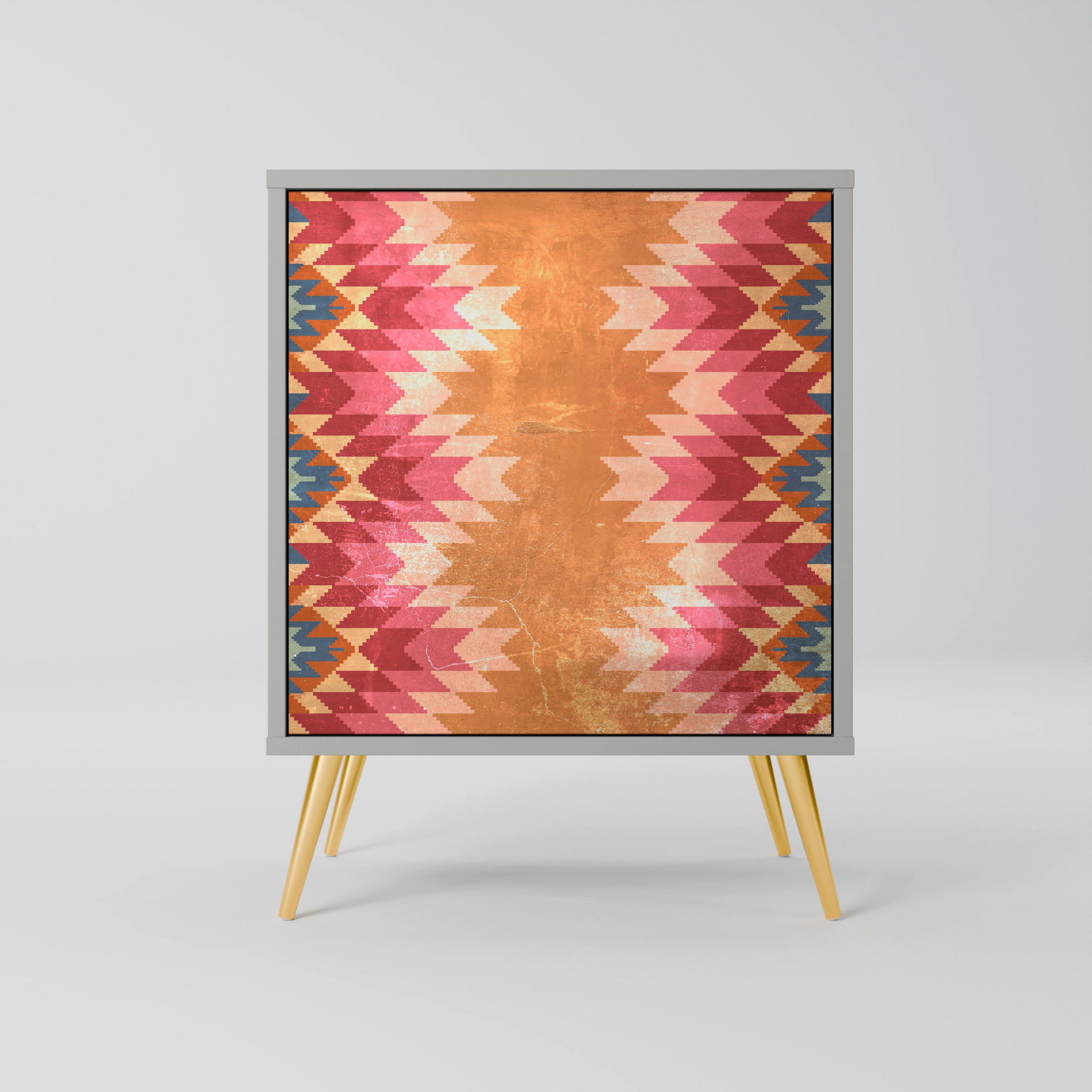 SIDEBOARD INDIAN FOLK, Grau, 57,5x42x75,5 cm, Goldfarbene Metallfüße - Goldfarben/Multicolor, Holzwerkstoff/Metall (57.5/75.5/42cm) - SpaceRebels