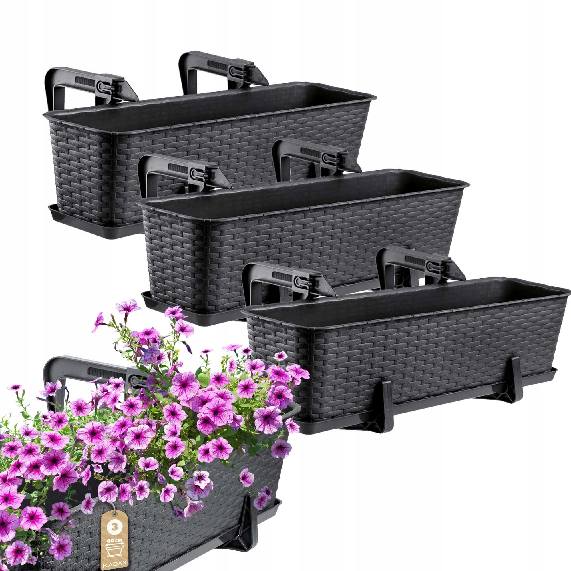 BALKONKASTEN mit Griffen, Anthrazit, 60 cm, 3 Stk. - Anthrazit, Kunststoff (17/60cm) - KADAX