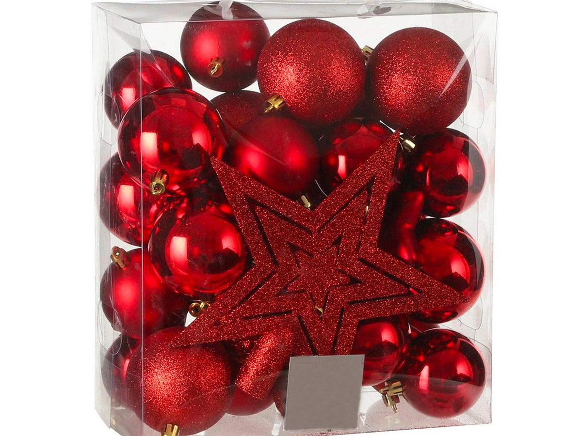 WEIHNACHTSKUGEL-SET 40-teiliges mit Christbaumspitze, rot, 6–20 cm - Rot, Kunststoff (30/30/30cm) - LAALU