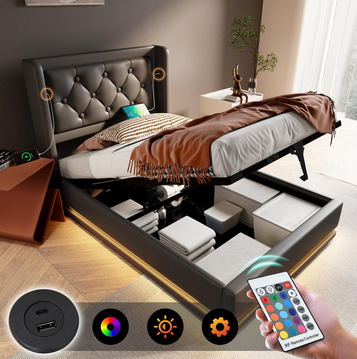 POLSTERBETT 90/200 cm Schwarz aus PU mit Stauraum, LED und Matratze - Schwarz, Kunststoff (90/200cm) - OKMYHOME