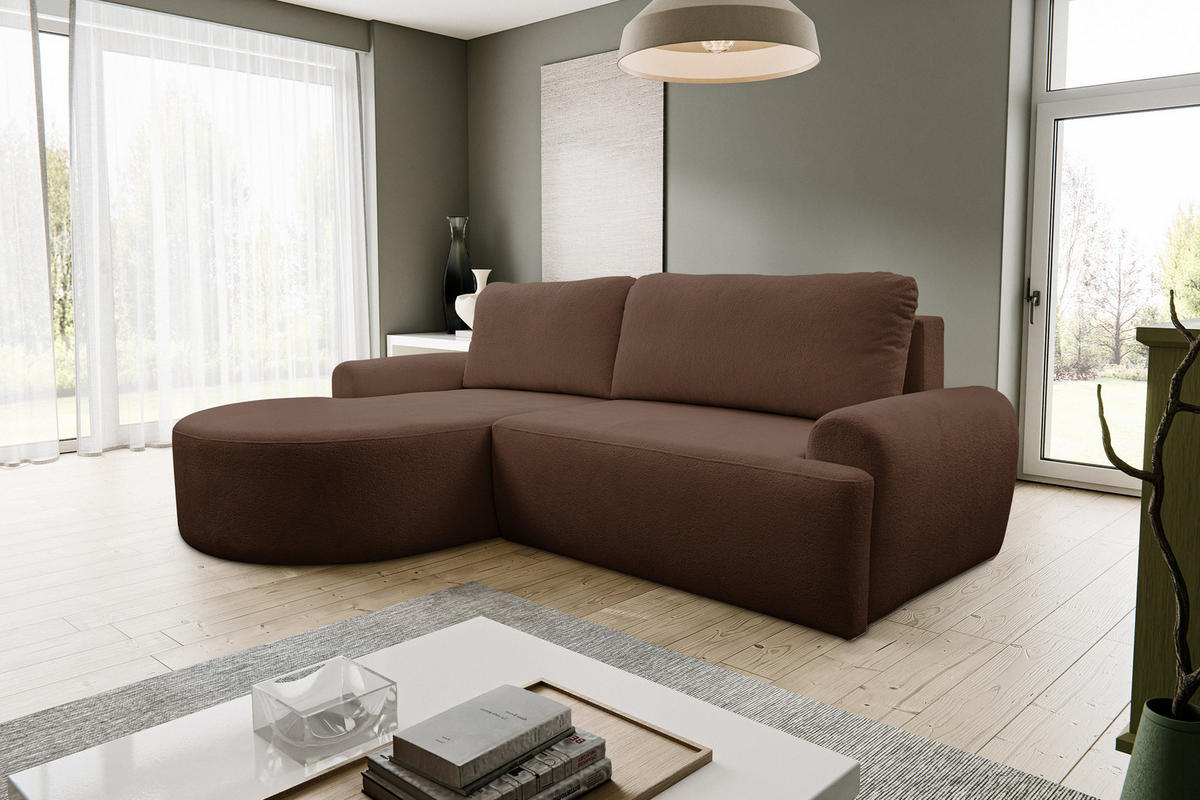 ECKSOFA Dream in L-Form mit Schlaffunktion und Bettkasten, Farbe: Dunkelbraun, Bouclé-Stoff, Ottomane Links - Dunkelbraun, Textil (136/260cm) - VENASI MÖBEL