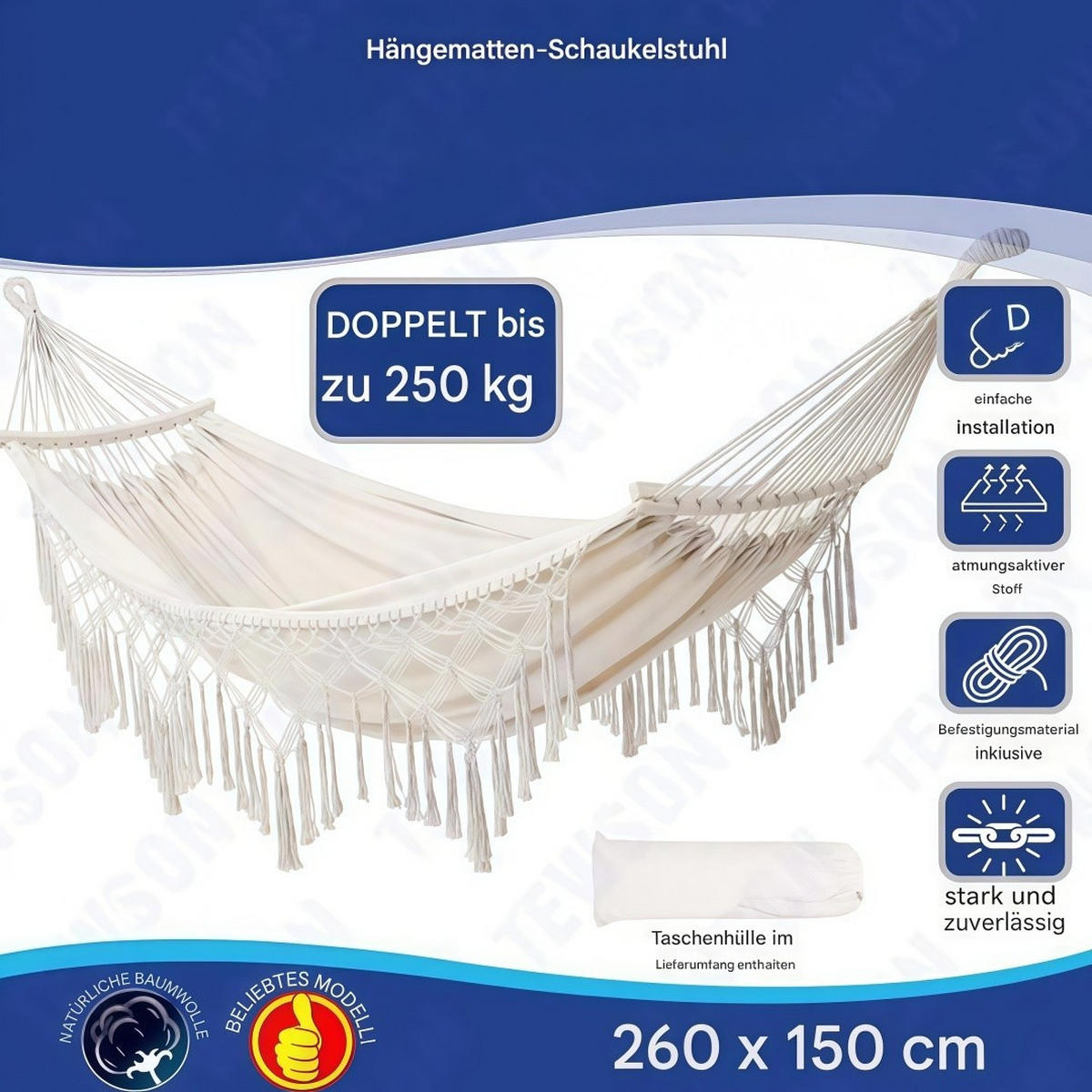 HÄNGEMATTE Doppel, Baumwolle, 2 Personen, 240 kg - Weiß, Textil (260/1/150cm) - Authentics