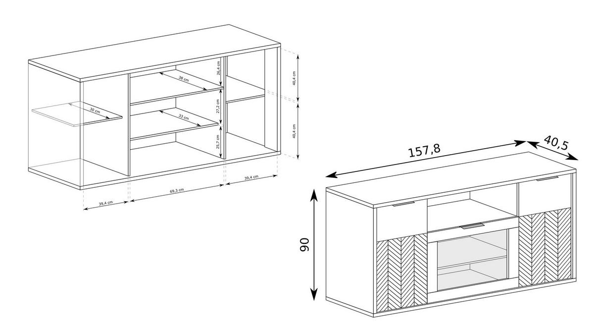 KOMMODE CARINI 158/90/40,6cm mit Schubladen 3 Türen Eichefarben - Eichefarben, Holzwerkstoff (158/90/40.6cm) - MASSENO