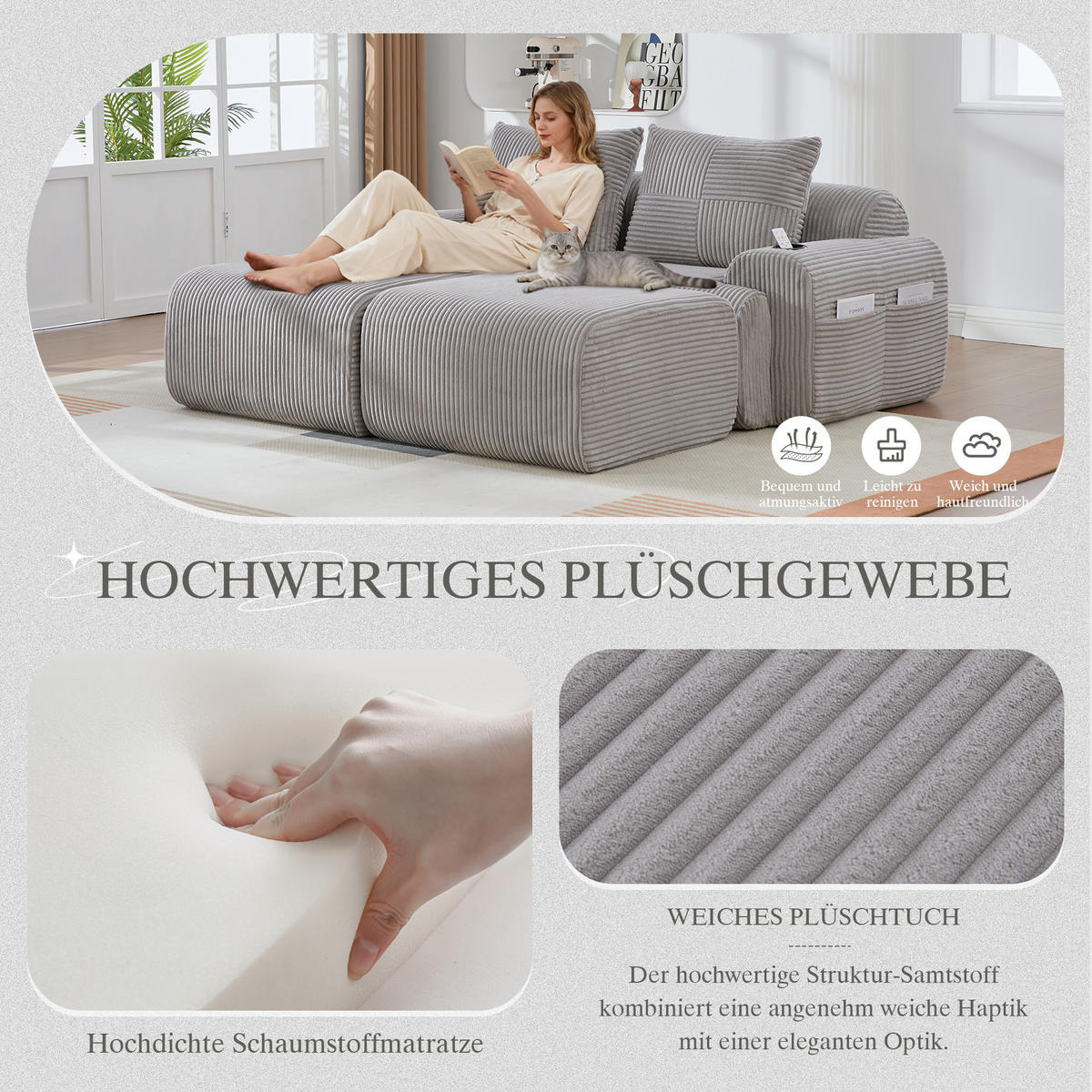 MODULARES 2-Sitzer Sofa Cord mit Getränkehalter und Seitentasche 200/174/80 cm Hellgrau - Hellgrau, Textil (174/80/200cm) - Redom