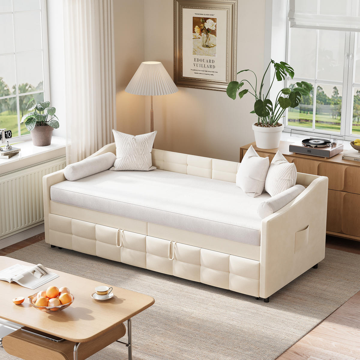 POLSTERBETT 90/180x200 cm Seitentaschen abnehmbar Samt beige - Beige, Holz (90/200cm) - Fortuna Lai