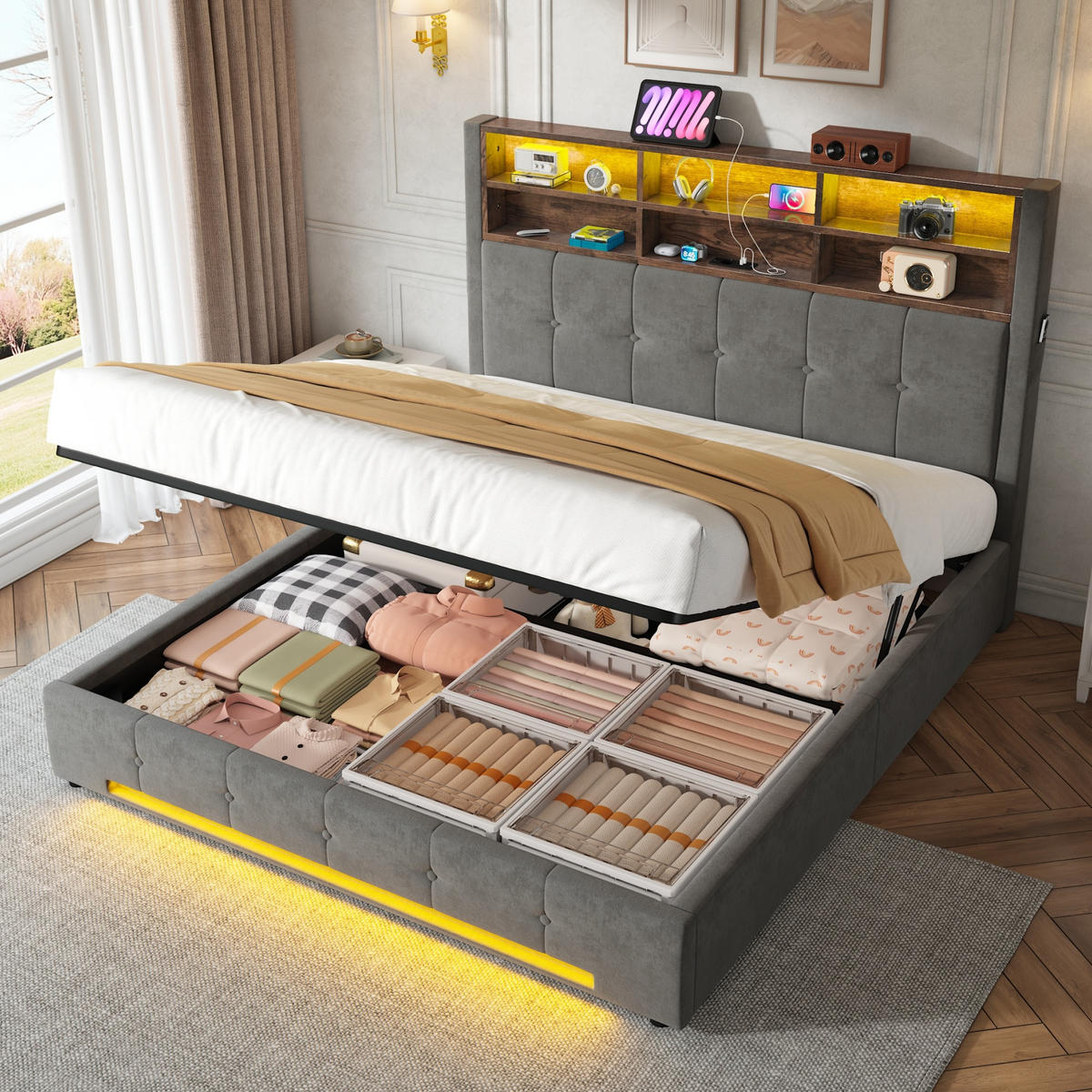 POLSTERBETT 160/200 cm Dunkelgrau mit 6 Fächer, Seitentaschen, USB-C und LED - Dunkelgrau, Textil (160/200cm) - Oxeza