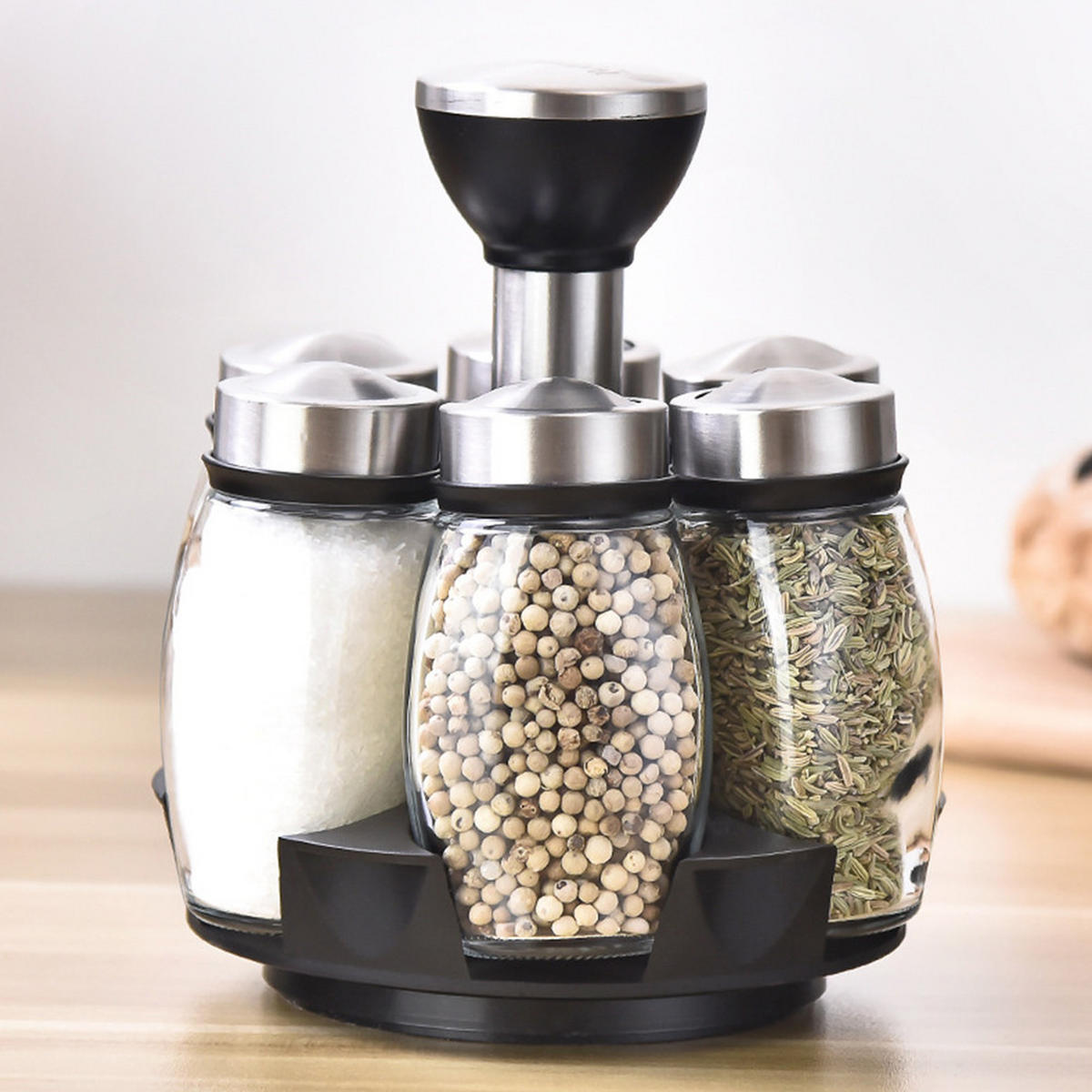 GEWÜRZGLAS Kombinationsset enthält 1 Drehständer und 6 Gewürzbehälter Silber Schwarz - Transparent/Silberfarben, Glas/Kunststoff (15/18/15cm) - Livingandhome