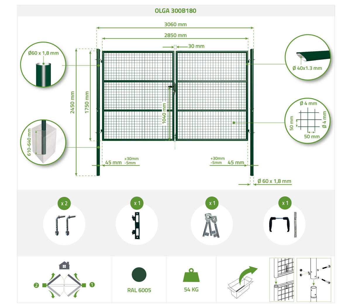 ZAUNTOR Olga Grün 3m H.180cm - Grau, Metall (392/190cm) - Casanoov