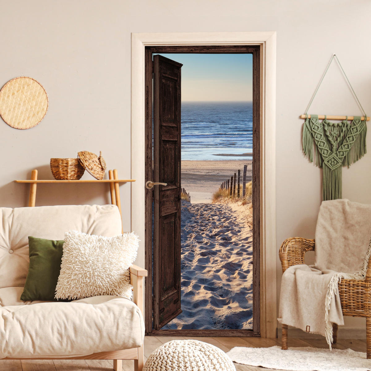 FOTOTAPETE Tür - Fensterblick - Strand - Meer - Weg - Dünen 75x205 cm - Sandfarben, Kunststoff (75/0.1cm) - MuchoWow