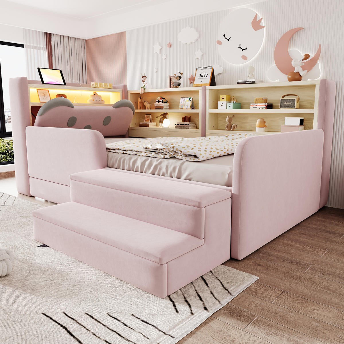 POLSTERBETT 90*200 cm mit LED, USB und Schublade, Rosa - Pink, Textil (90/200cm) - FLIEKS