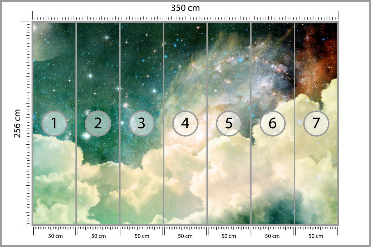 FOTOTAPETE für Kinderzimmer Kosmische Nebelwolken Sterne Galaxie Mystisch 350x256 - Türkis/Pastellgrün, Papier (350/256cm) - Muralo