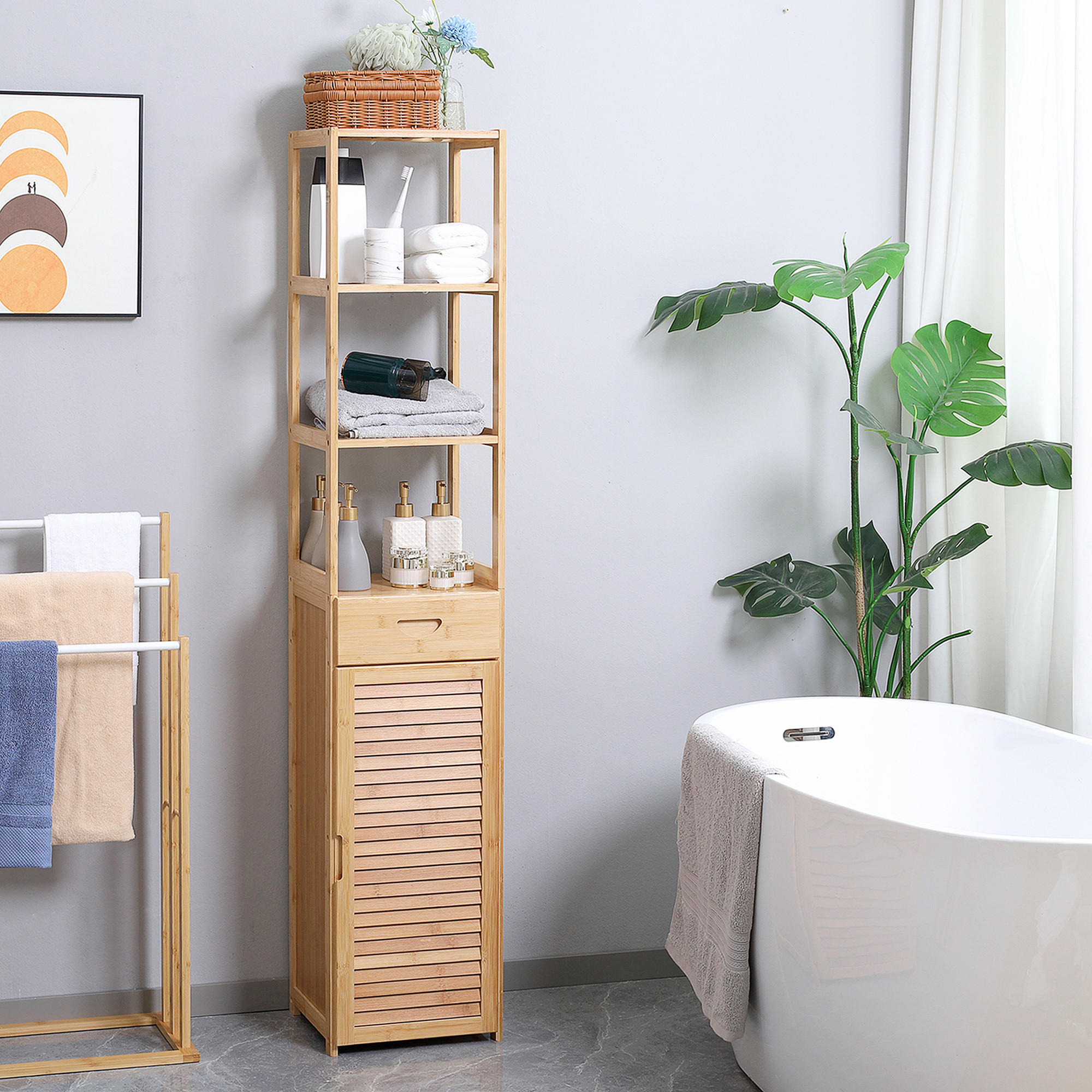 HOCHSCHRANK aus Bambus, 32 x 30 x 163 cm Naturholz - Naturfarben, Naturmaterialien (32/163/30cm) - Kleankin