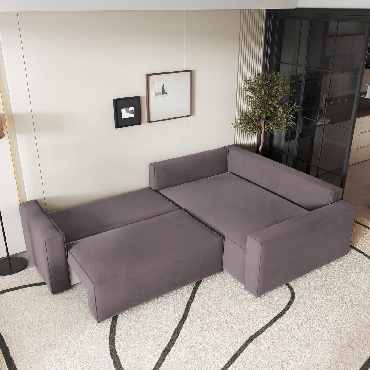 ECKSOFA ERONIS R-S Lila Velours-Stoff mit Schlaffunktion - Lila, Holz (265/194cm) - MASSENO