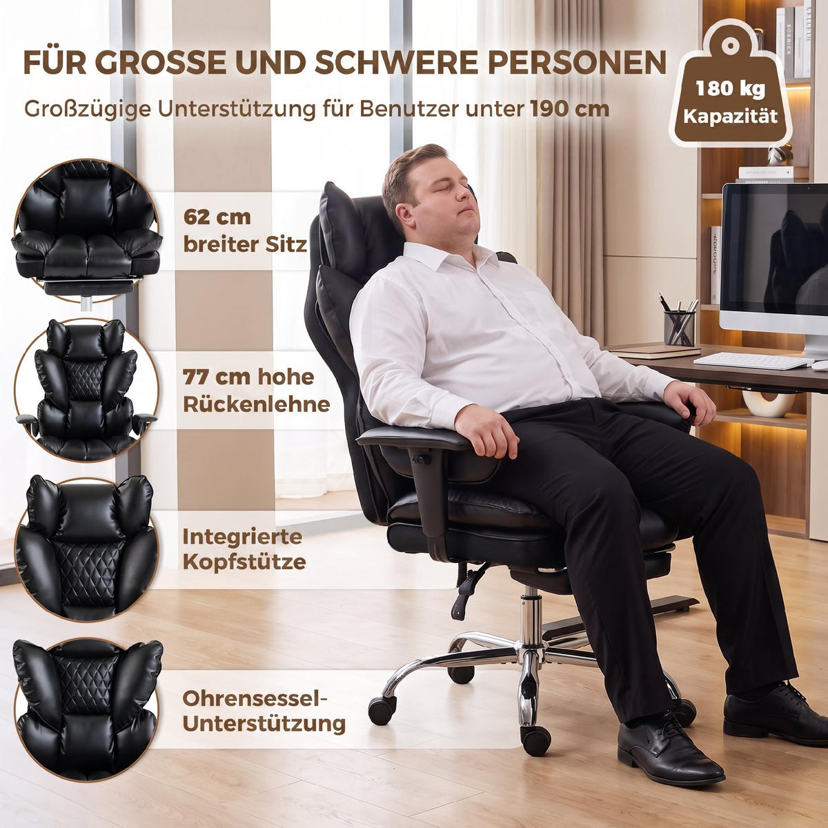 KONTORSSTOL för tung belastning i konstläder, svart - Svart/Silverfärgad, Läder/Träbaserade material (67/130/80cm) - HOMCOM
