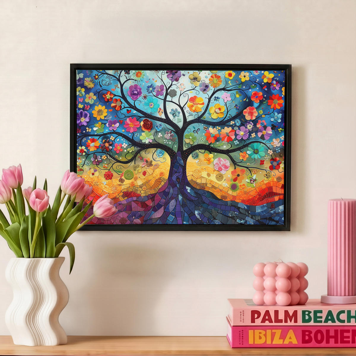 LEINWAND Bilder mit Rahmen - Kunst - Baum des Lebens - Blumen - Hippie - 40x30 - Dunkelblau, Textil (40/30cm) - MuchoWow