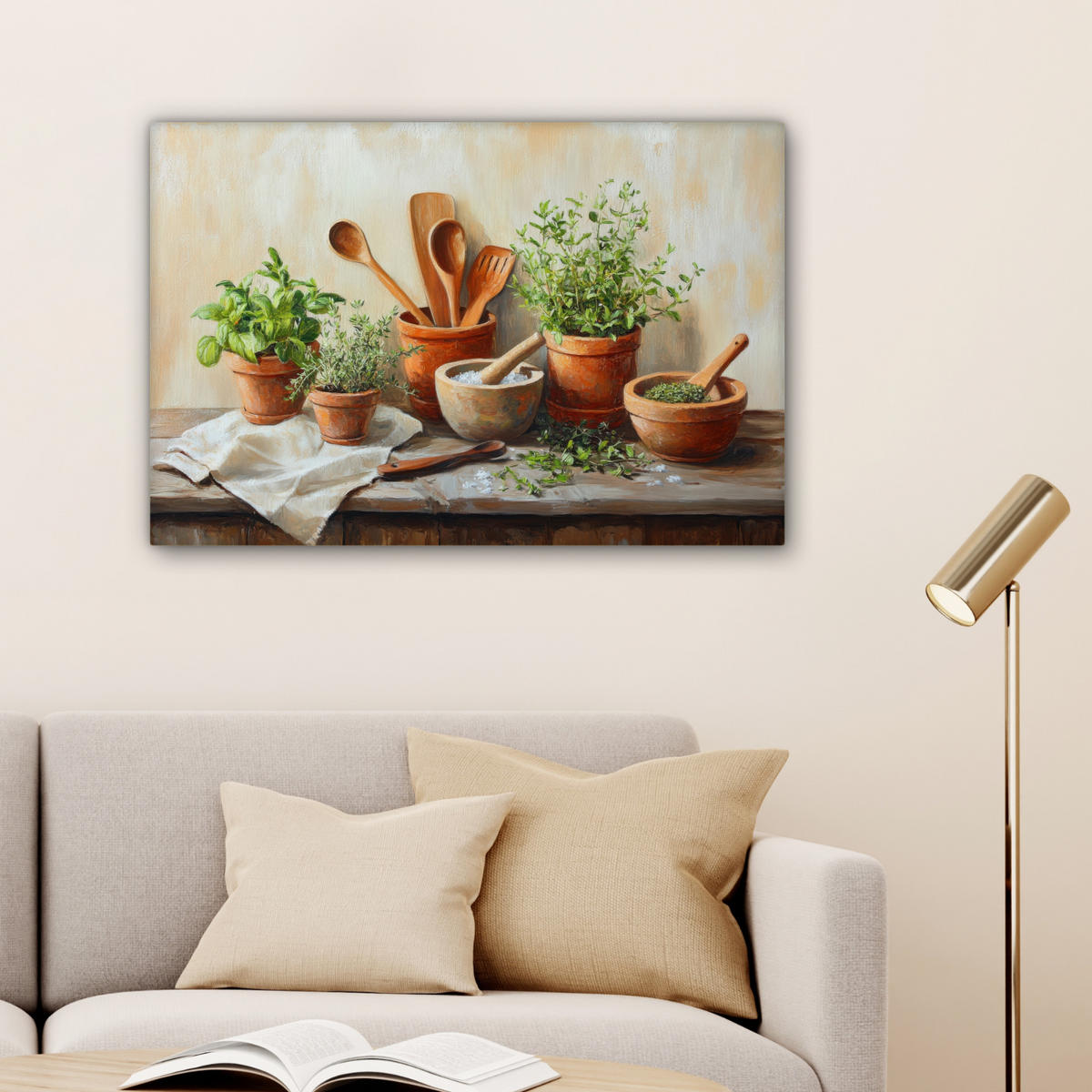 LEINWANDBILD Töpfe - Kräuter - Holz Wanddeko 90x60 cm - Terracotta, Textil (90/60cm) - MuchoWow