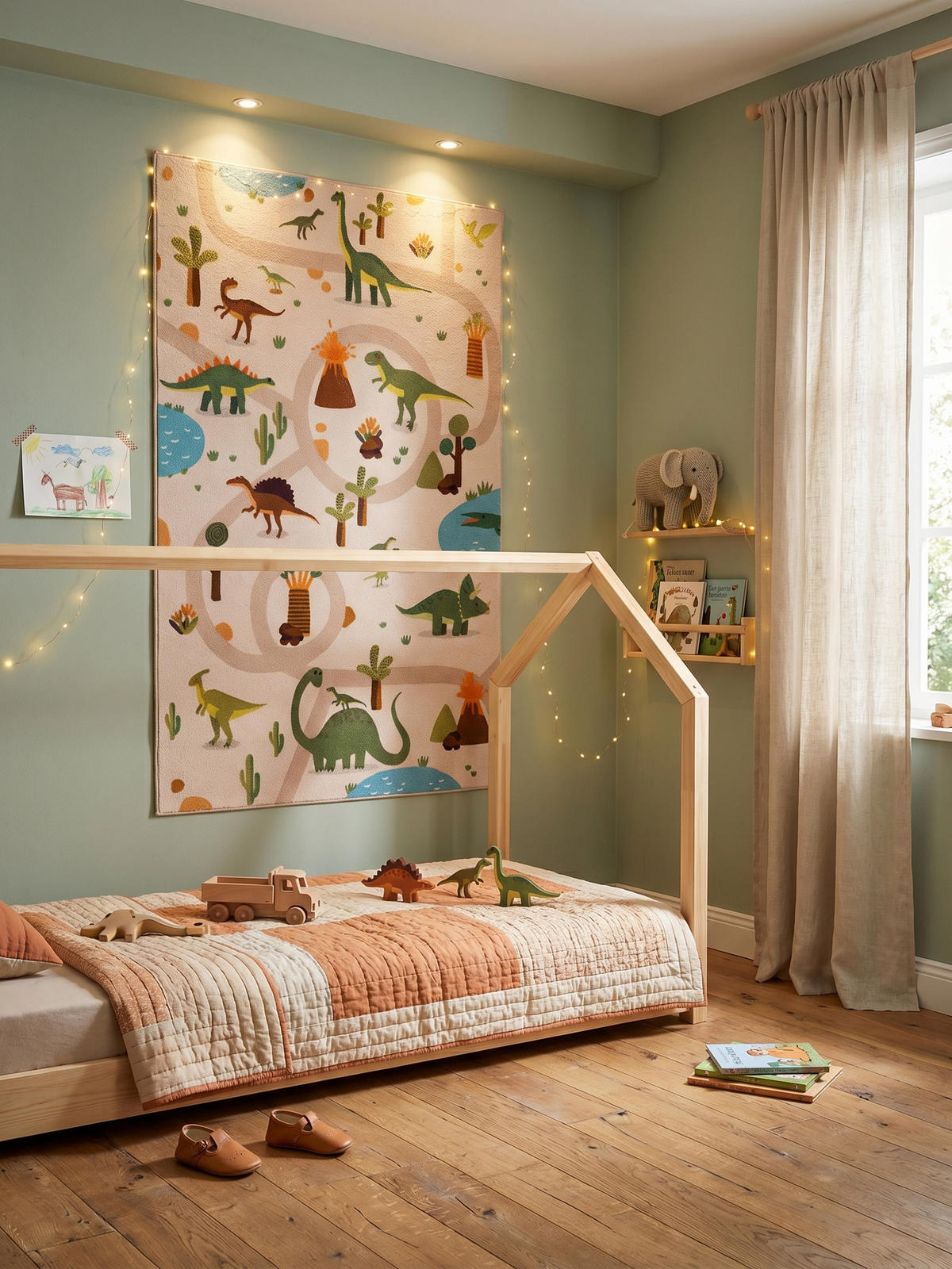 KINDERTEPPICH Kurzflor Dinosaurier-Landschaft Waschbar OEKO-TEX Spielteppich Jungen Mädchen Beige 120x170 – TINO - Beige, Textil (120/170cm) - KADIMA DESIGN