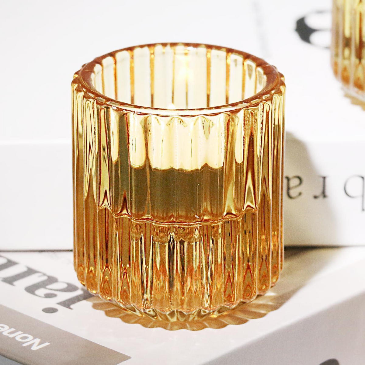KERZENSTÄNDER Glas Bernstein 3er Set - Goldfarben, Glas (5.3/6/5.3cm)