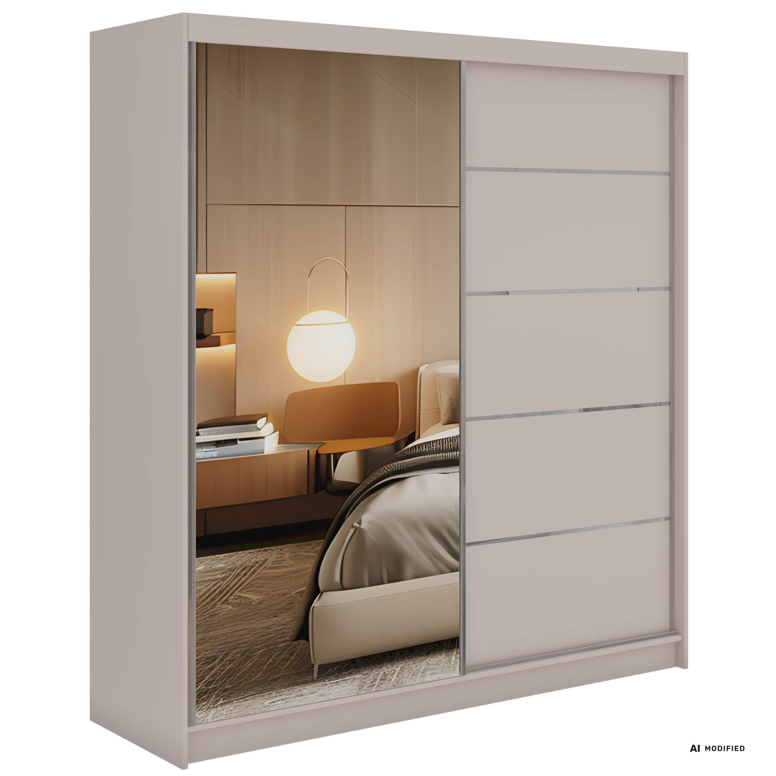 SCHWEBETÜRENSCHRANK 200 - SKORIA - Kaschmir mit Spiegel - Kaschmir/Alufarben, Holzwerkstoff/Metall (200/216/61cm) - MKS