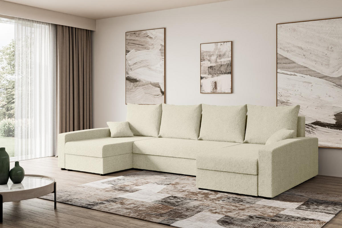 WOHNLANDSCHAFT mit Schlaffunktion und Bettkasten ALESIA-U 301x140x90 cm Beige Bouclé - Beige/Silberfarben, Holzwerkstoff/Kunststoff (301/90/140cm) - ALTDECOR
