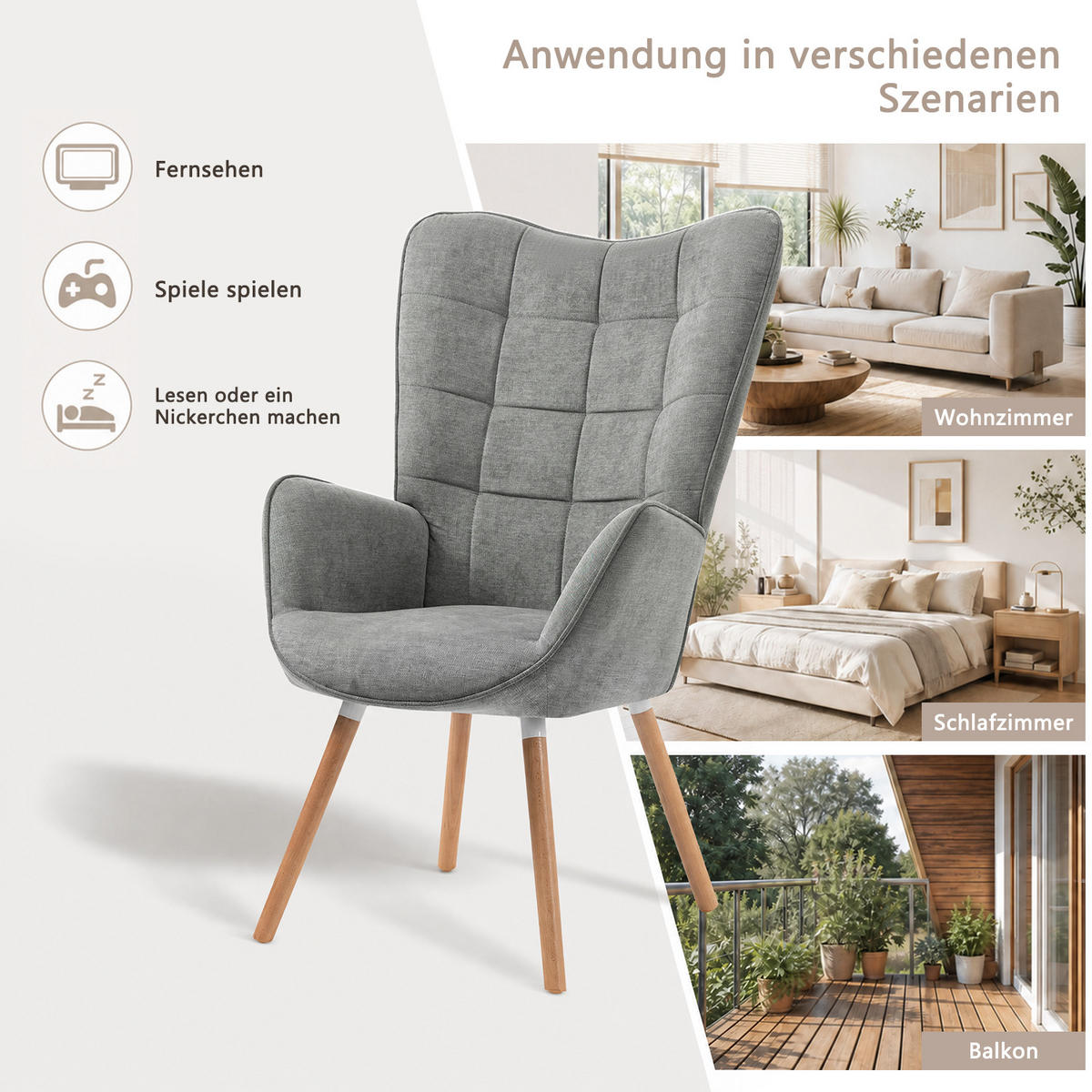 RELAXSESSEL aus Stoff im skandinavischen Stil, gepolsterte Sitzfläche mit Armlehnen, massive Buchenholzbeine in Grau - Grau, Holz/Textil (64/106/50cm) - Meubles Cosy