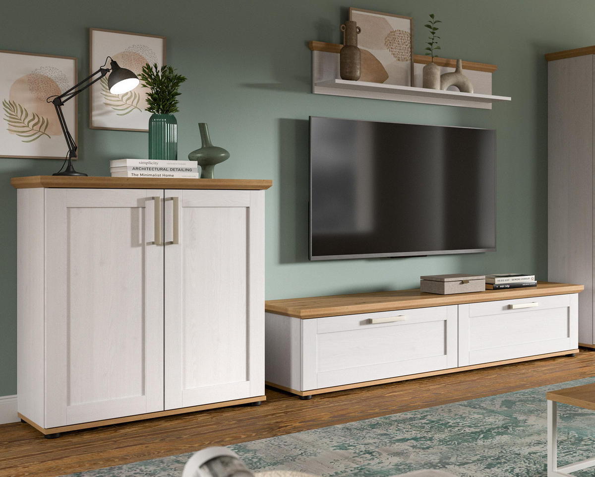 WOHNWAND 3-teilig weiß Lärche, Eiche Artisan 260 cm Landhaus, Schrankwand mit viel Stauraum - Silberfarben/Schwarz, Holzwerkstoff/Kunststoff (260/151/40cm) - Inn.Furn