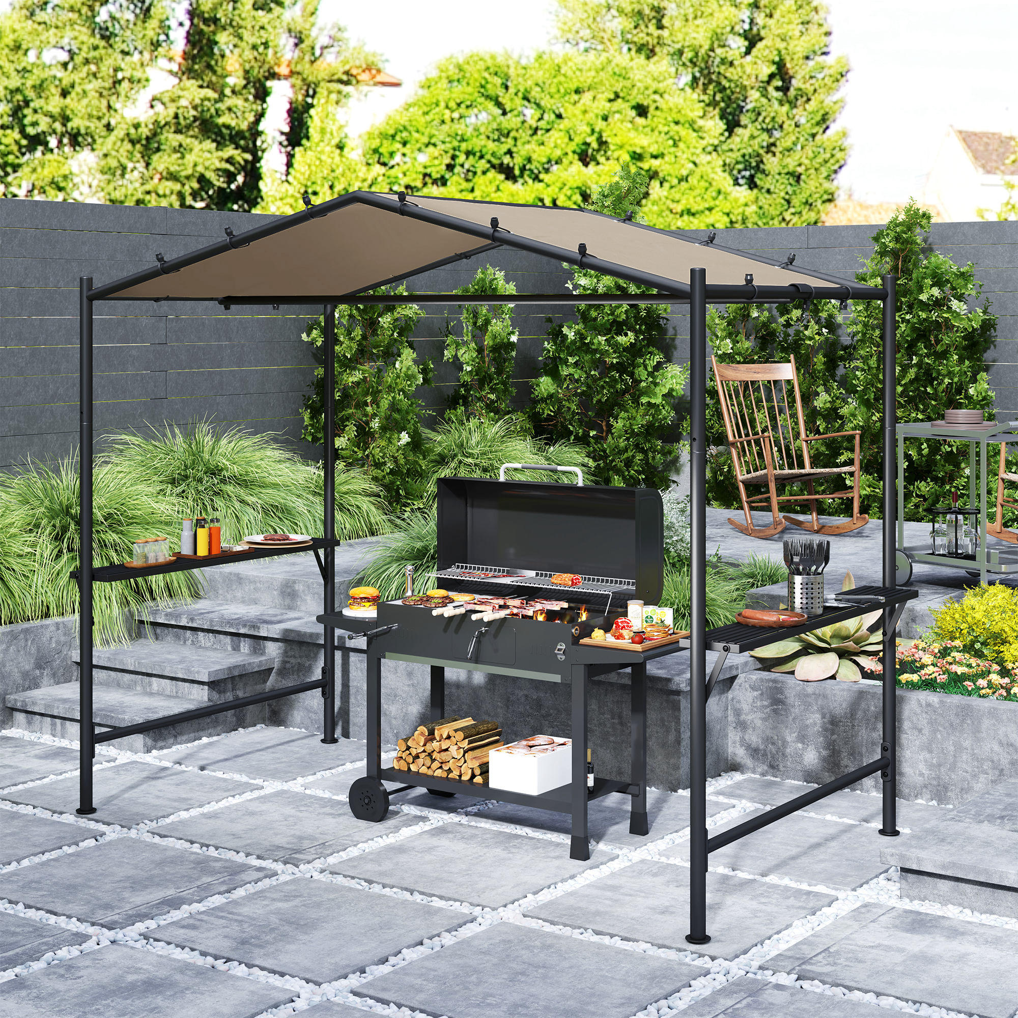 GRILLPAVILLON 277 x 149 x 230 cm, Khaki - Beige, Metall (149/230/277cm) - Outsunny