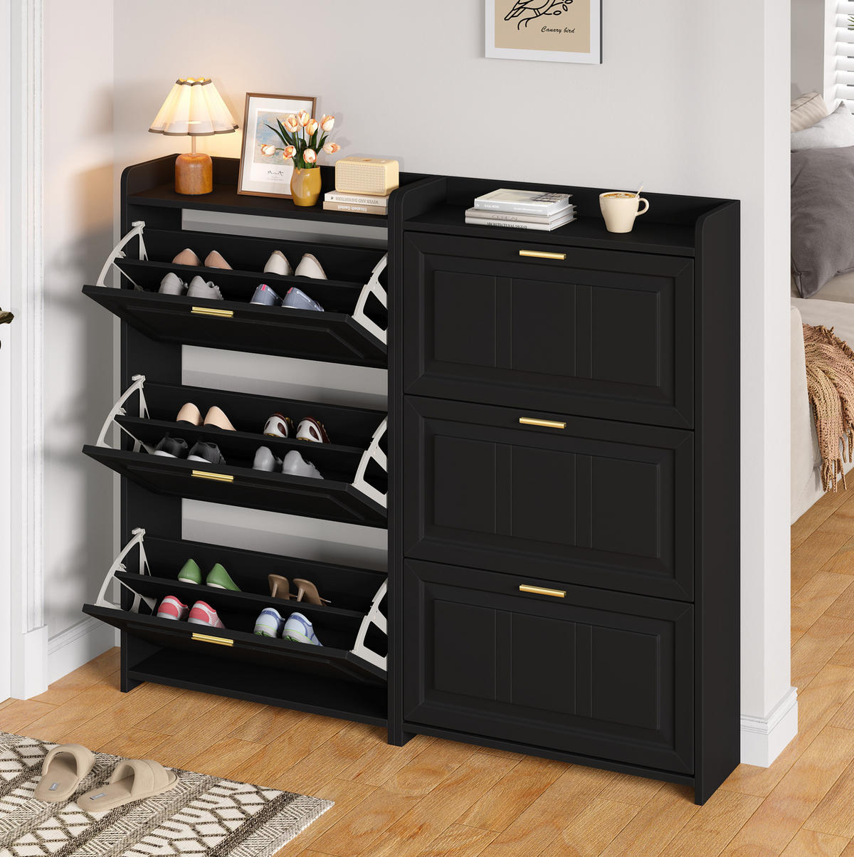 SCHUHSCHRANK 70/24/120 cm im 2er-Set mit Klapptüren und verstecktem Stauraum, Schwarz - Schwarz, Holzwerkstoff (70/120/24cm) - Redom