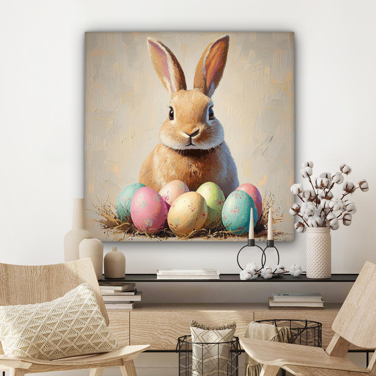 LEINWANDBILD Osterhase - Pastell - Eier Deko Groß 90x90 cm - Beige, Textil (90/90cm) - MuchoWow